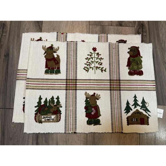 Set Of 2 St. Nicholas Square Cotton Festive Moose & Tree Placemats - Picture 1 of 12